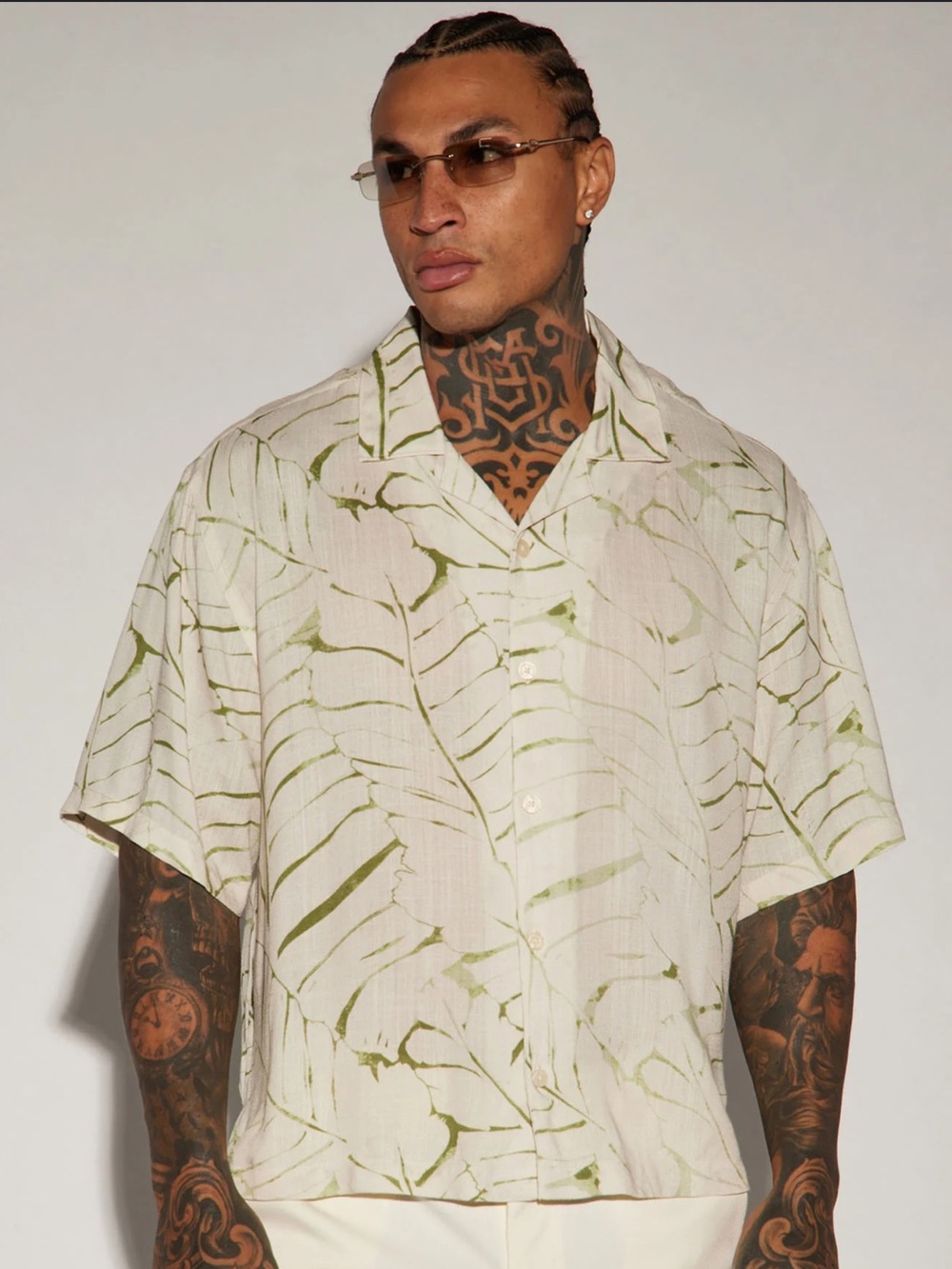 Denim & Flower Cream Button-Down Shirt with Olive Leaf Print